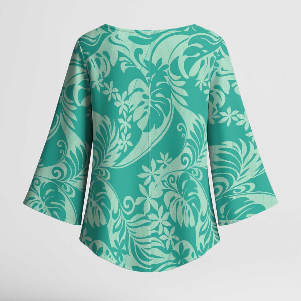 Tahiti Teal Tiare Floral Kimono Sleeve Blouse Monstera Palm Tropical Leaves - Polynesian Pride