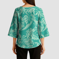 Tahiti Teal Tiare Floral Kimono Sleeve Blouse Monstera Palm Tropical Leaves - Polynesian Pride