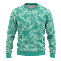 Tahiti Teal Tiare Floral Ugly Christmas Sweater Monstera Palm Tropical Leaves - Polynesian Pride