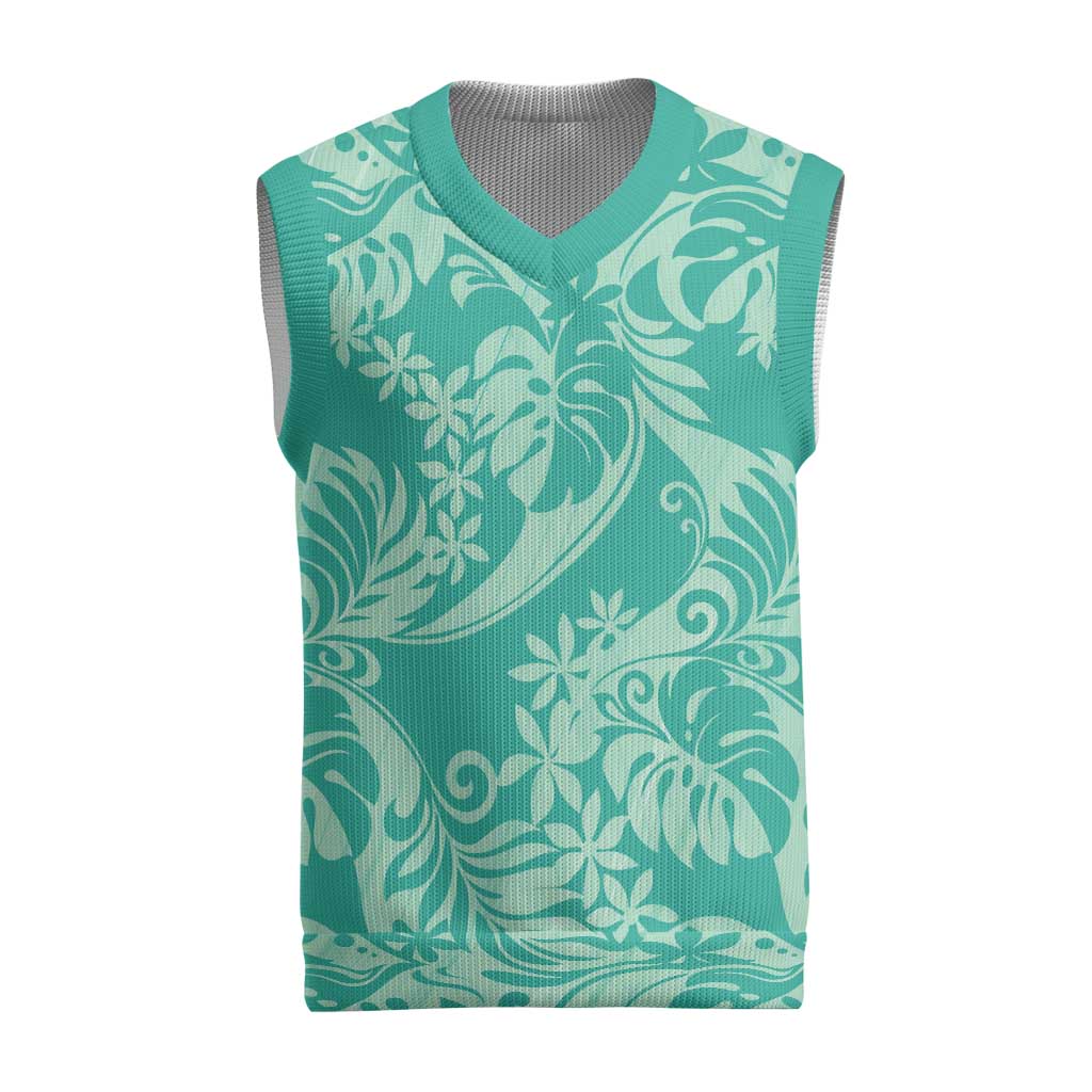 Tahiti Teal Tiare Floral Christmas Knitted V-Neck Vest Monstera Palm Tropical Leaves - Polynesian Pride