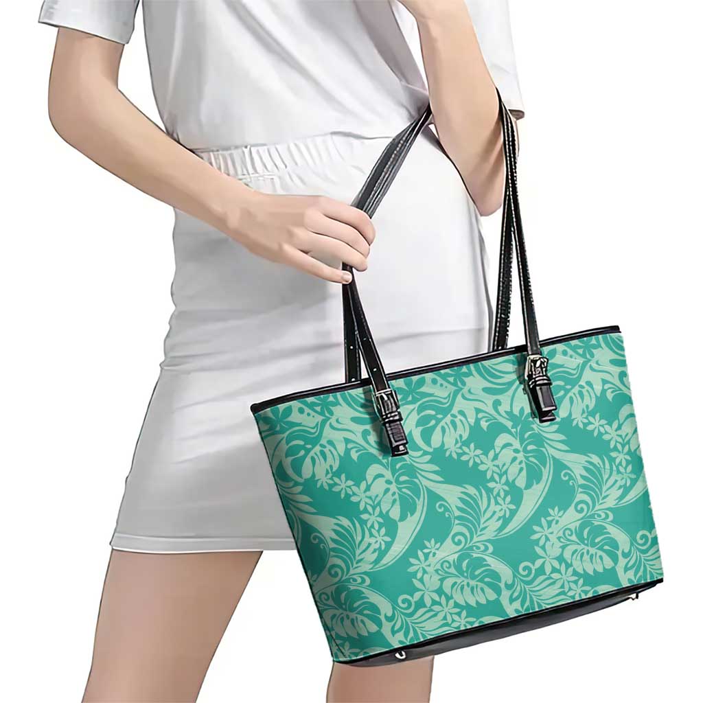 Tahiti Teal Tiare Floral Leather Tote Bag Monstera Palm Tropical Leaves - Polynesian Pride