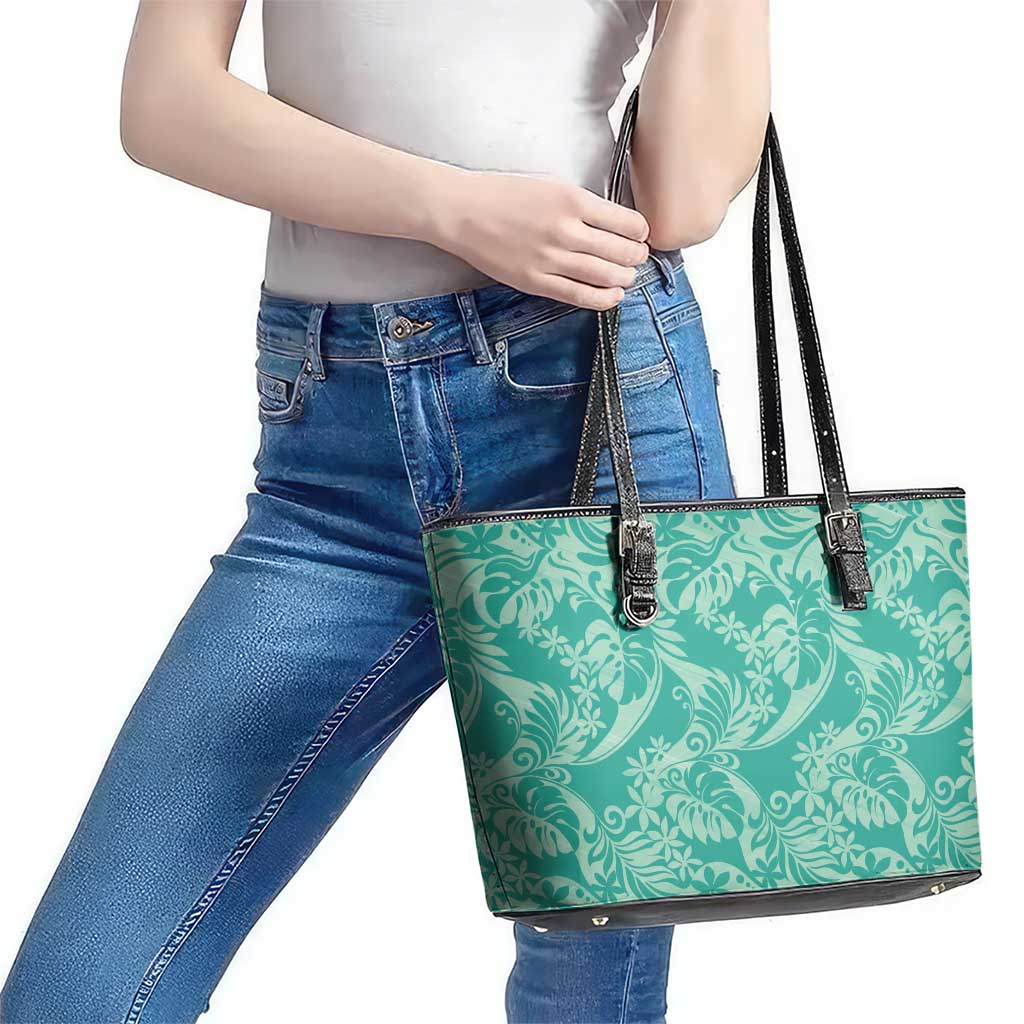 Tahiti Teal Tiare Floral Leather Tote Bag Monstera Palm Tropical Leaves - Polynesian Pride