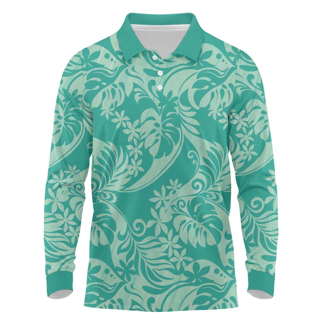 Tahiti Teal Tiare Floral Long Sleeve Polo Shirt Monstera Palm Tropical Leaves - Polynesian Pride