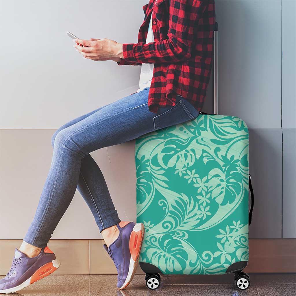 Tahiti Teal Tiare Floral Luggage Cover Monstera Palm Tropical Leaves - Polynesian Pride