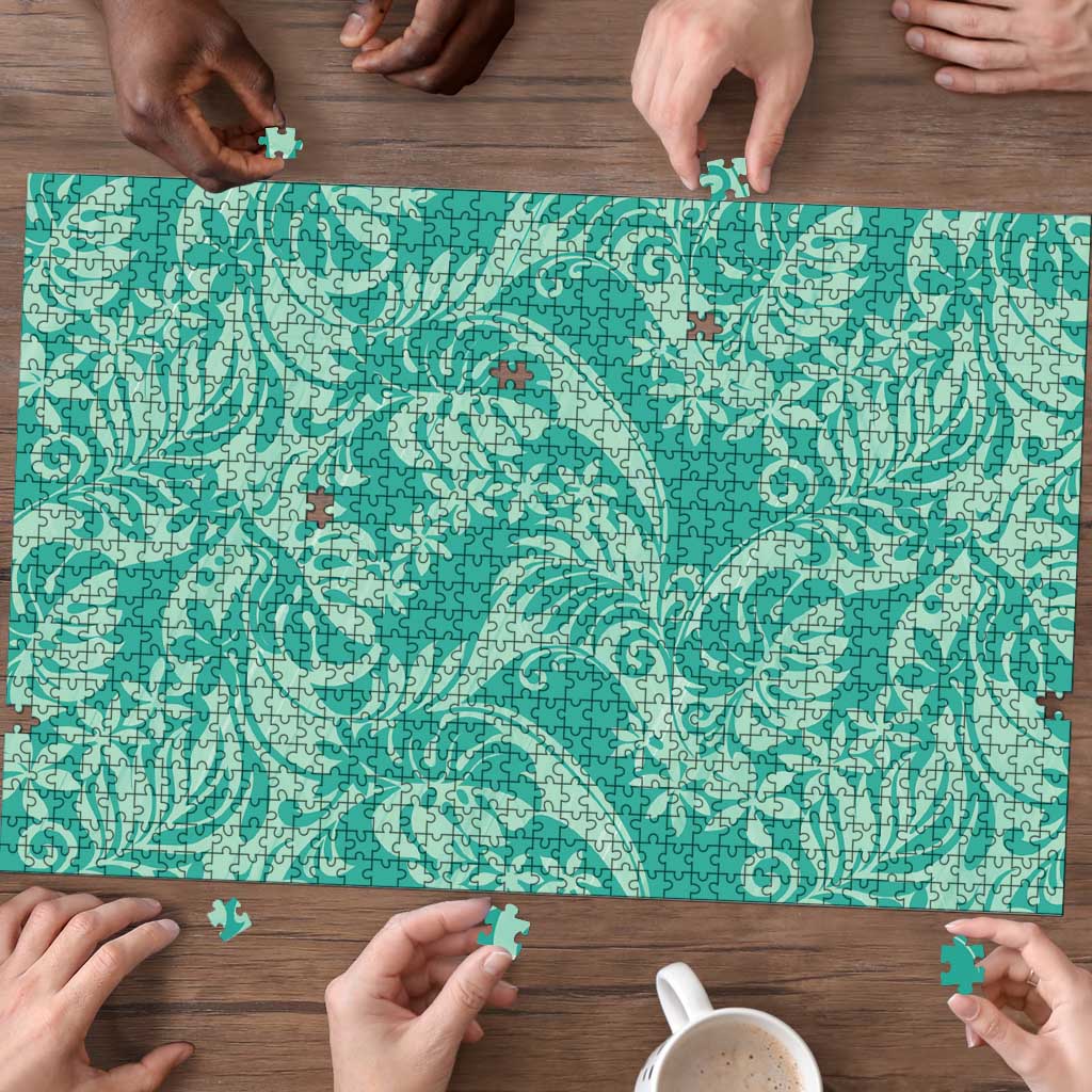 Tahiti Teal Tiare Floral Puzzle Monstera Palm Tropical Leaves - Polynesian Pride