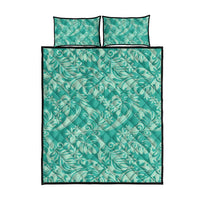 Tahiti Teal Tiare Floral Quilt Bed Set Monstera Palm Tropical Leaves - Polynesian Pride
