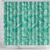 Tahiti Teal Tiare Floral Shower Curtain Monstera Palm Tropical Leaves - Polynesian Pride
