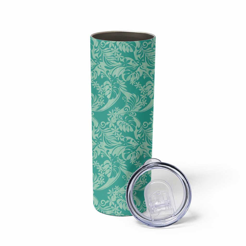 Tahiti Teal Tiare Floral Skinny Tumbler Monstera Palm Tropical Leaves - Polynesian Pride