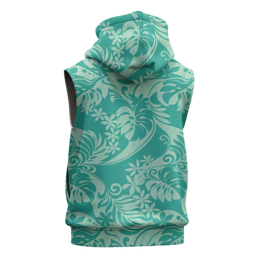 Tahiti Teal Tiare Floral Sleeveless Hoodie Monstera Palm Tropical Leaves - Polynesian Pride
