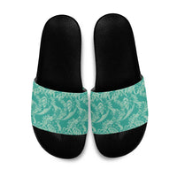 Tahiti Teal Tiare Floral Slide Sandals Monstera Palm Tropical Leaves - Polynesian Pride