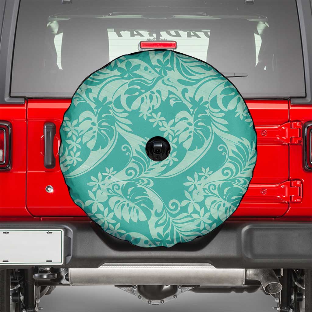 Tahiti Teal Tiare Floral Spare Tire Cover Monstera Palm Tropical Leaves - Polynesian Pride
