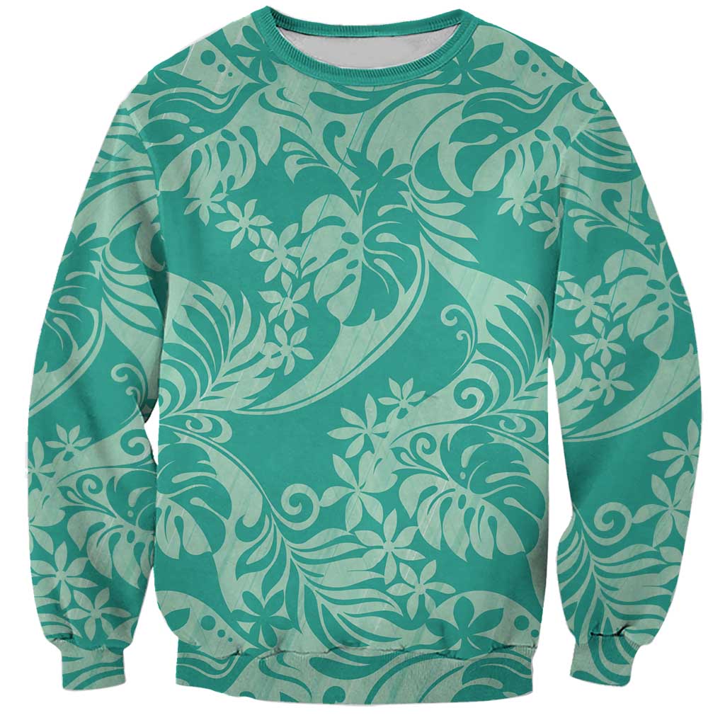 Tahiti Teal Tiare Floral Sweatshirt Monstera Palm Tropical Leaves - Polynesian Pride