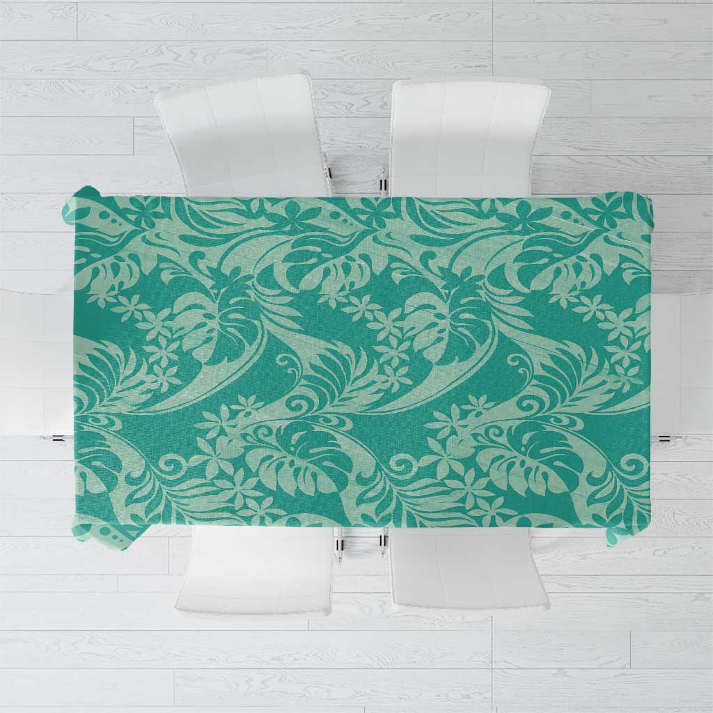 Tahiti Teal Tiare Floral Tablecloth Monstera Palm Tropical Leaves - Polynesian Pride