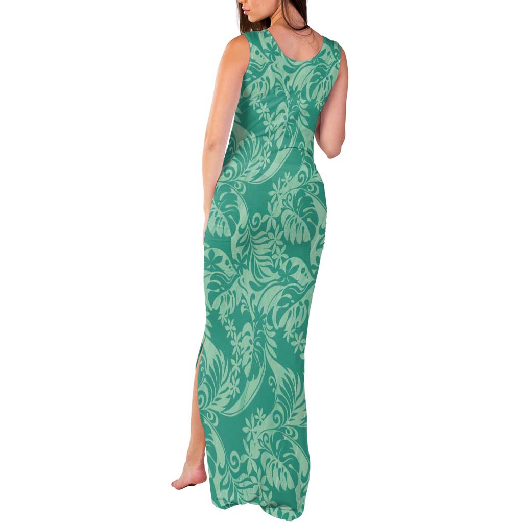 Tahiti Teal Tiare Floral Tank Maxi Dress Monstera Palm Tropical Leaves - Polynesian Pride