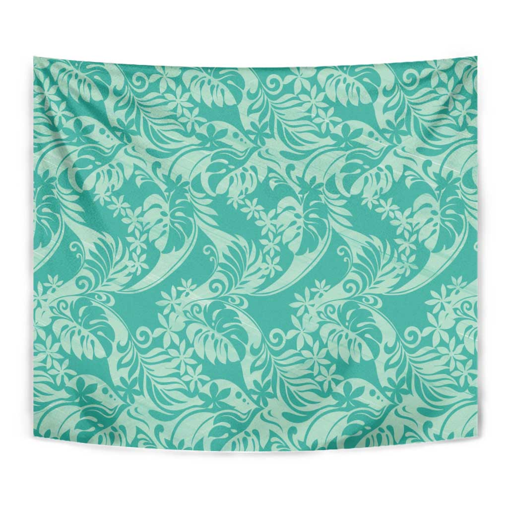 Tahiti Teal Tiare Floral Tapestry Monstera Palm Tropical Leaves - Polynesian Pride