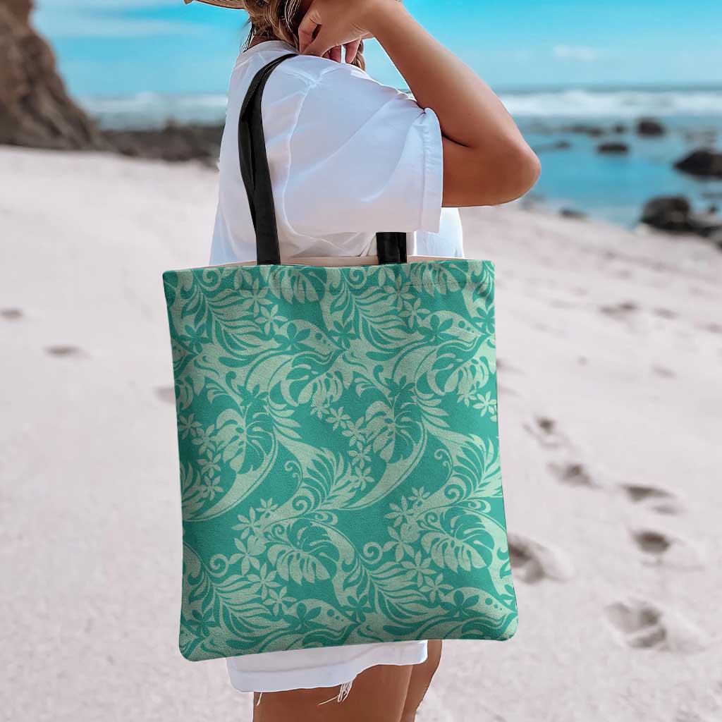 Tahiti Teal Tiare Floral Tote Bag Monstera Palm Tropical Leaves - Polynesian Pride