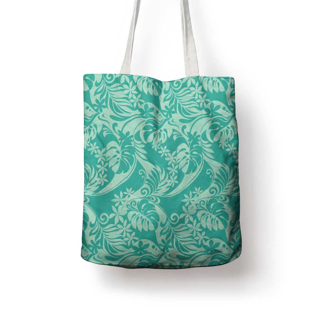 Tahiti Teal Tiare Floral Tote Bag Monstera Palm Tropical Leaves - Polynesian Pride