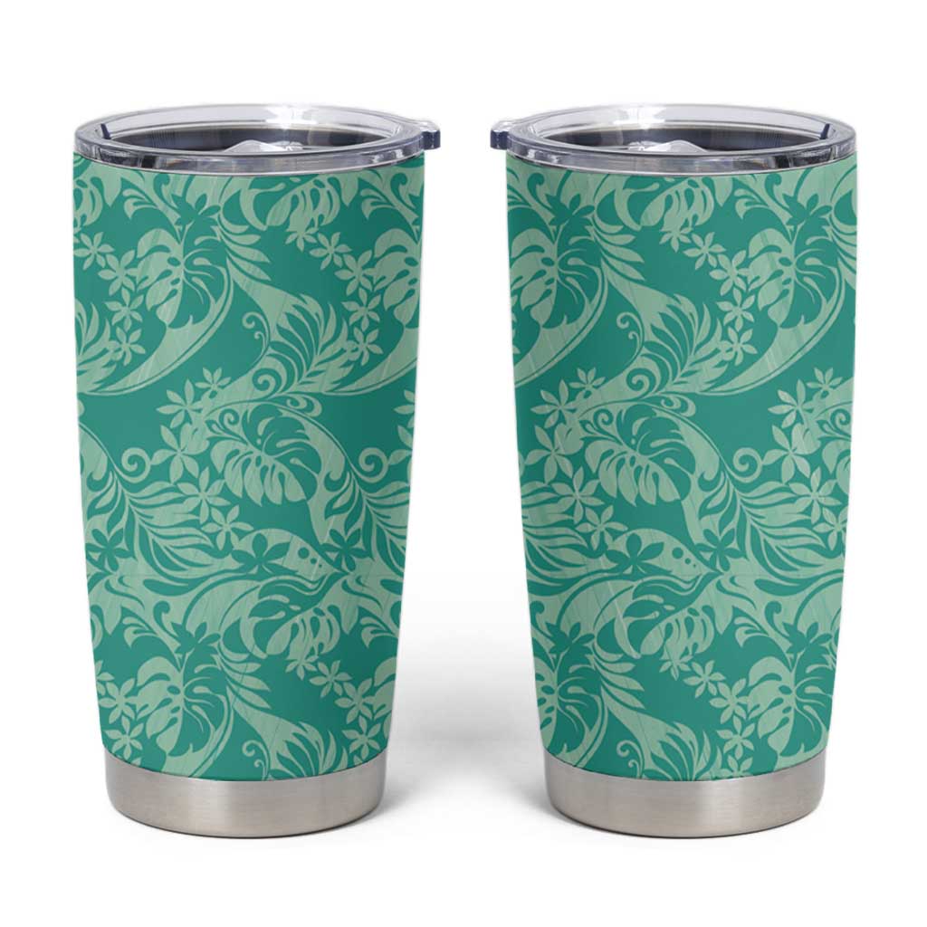 Tahiti Teal Tiare Floral Tumbler Cup Monstera Palm Tropical Leaves - Polynesian Pride