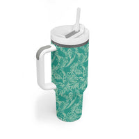 Tahiti Teal Tiare Floral Tumbler With Handle Monstera Palm Tropical Leaves - Polynesian Pride
