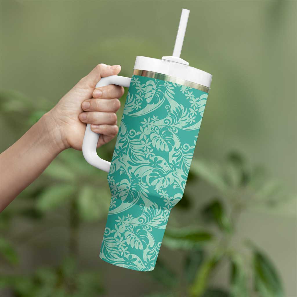 Tahiti Teal Tiare Floral Tumbler With Handle Monstera Palm Tropical Leaves - Polynesian Pride