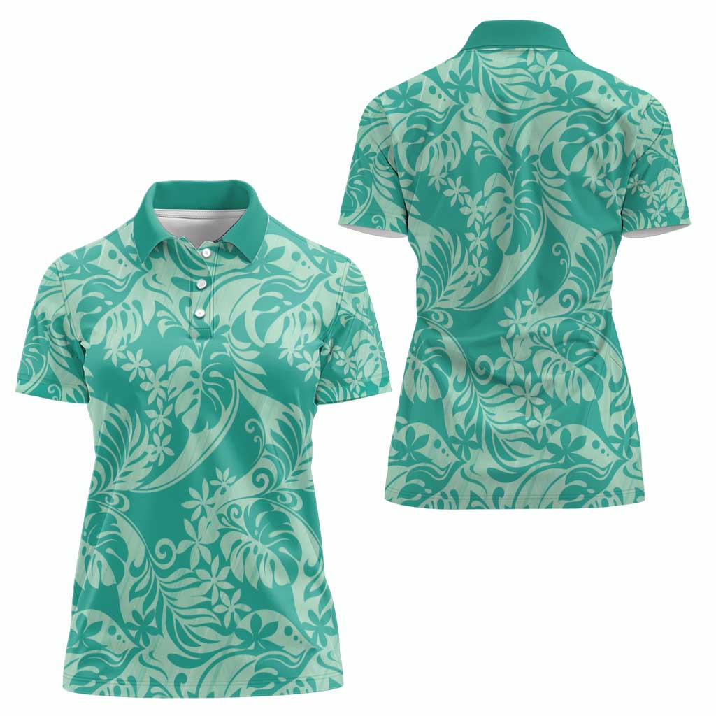 Tahiti Teal Tiare Floral Women Polo Shirt Monstera Palm Tropical Leaves - Polynesian Pride