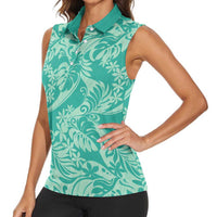 Tahiti Teal Tiare Floral Women Sleeveless Polo Shirt Monstera Palm Tropical Leaves - Polynesian Pride