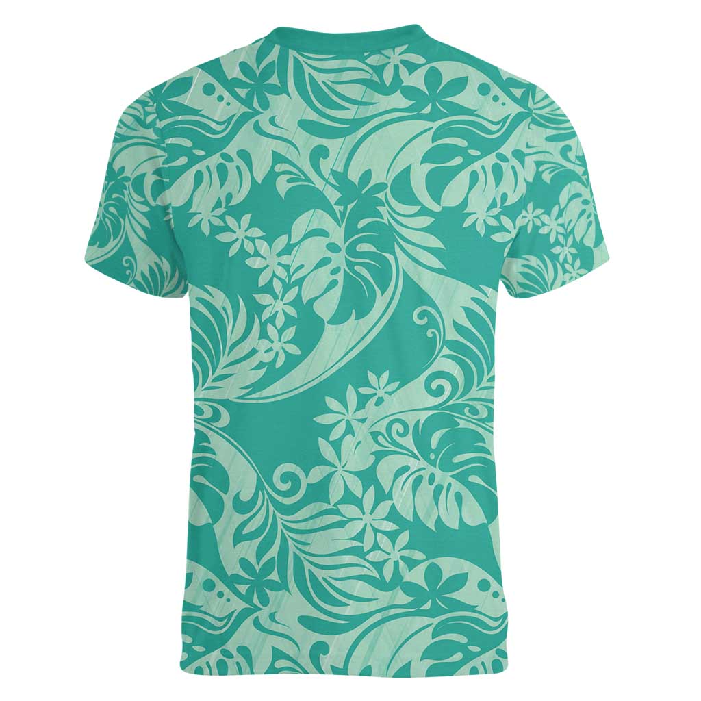 Tahiti Teal Tiare Floral Women V-Neck T-Shirt Monstera Palm Tropical Leaves - Polynesian Pride
