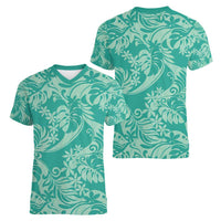 Tahiti Teal Tiare Floral Women V-Neck T-Shirt Monstera Palm Tropical Leaves - Polynesian Pride