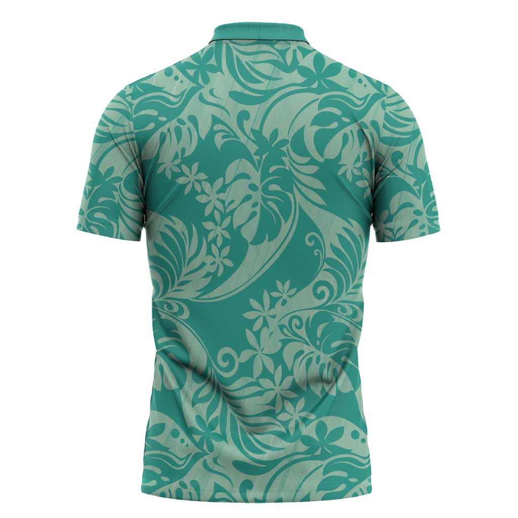 Tahiti Teal Tiare Floral Zipper Polo Shirt Monstera Palm Tropical Leaves - Polynesian Pride