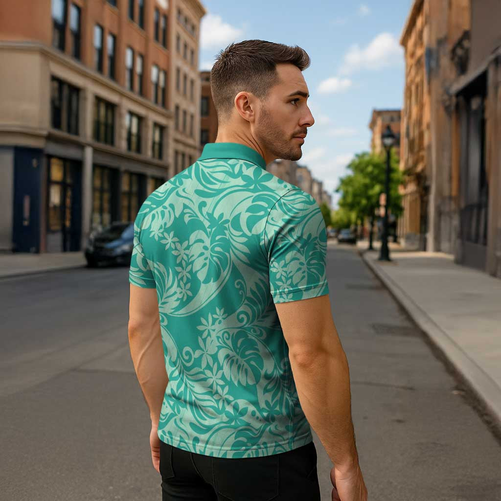 Tahiti Teal Tiare Floral Zipper Polo Shirt Monstera Palm Tropical Leaves - Polynesian Pride