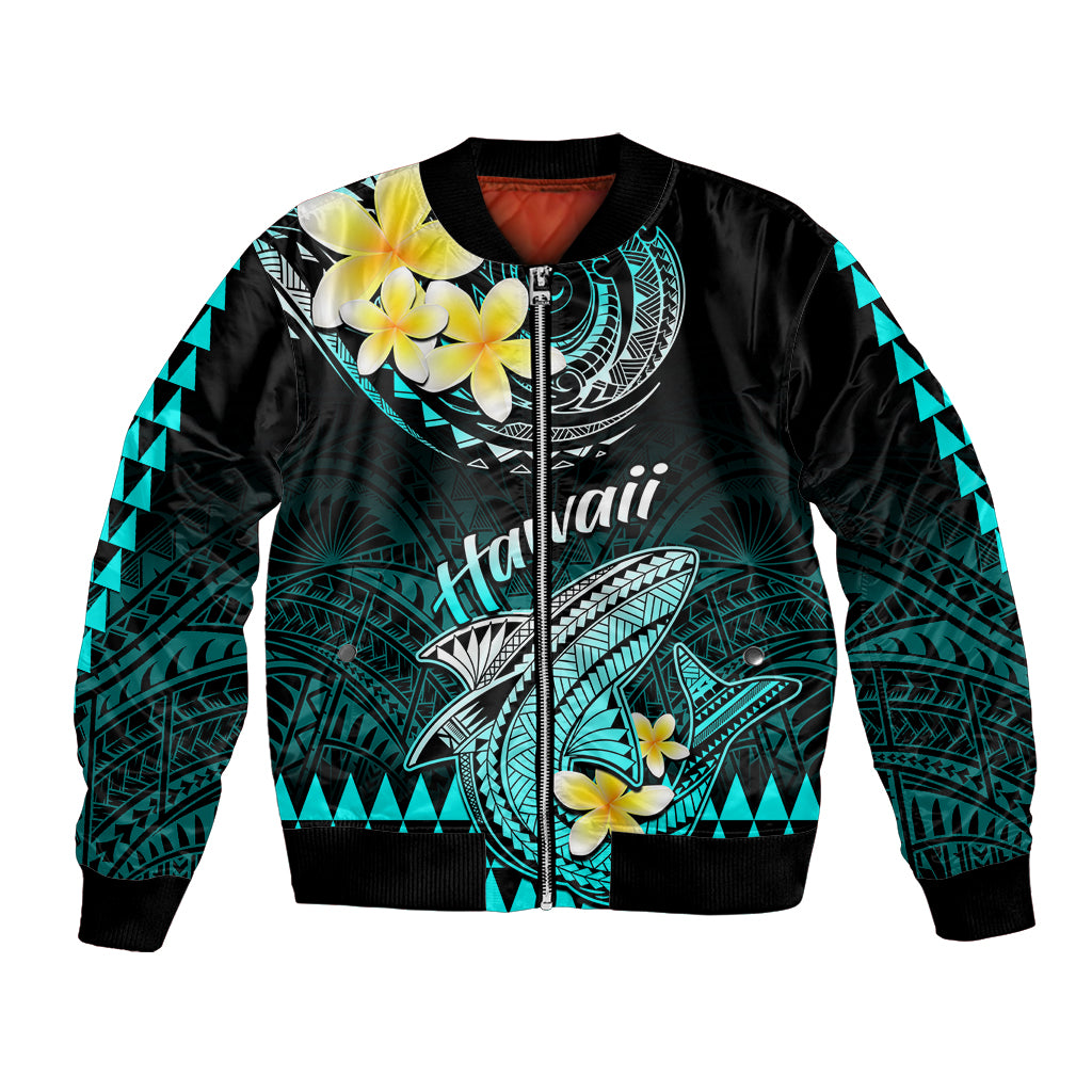 Hawaii Bomber Jacket Polynesian Shark with Kakau Turquoise Version LT01 Unisex Turquoise - Polynesian Pride