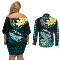 Hawaii Couples Matching Off Shoulder Short Dress and Long Sleeve Button Shirts Polynesian Shark with Kakau Turquoise Version LT01 - Polynesian Pride