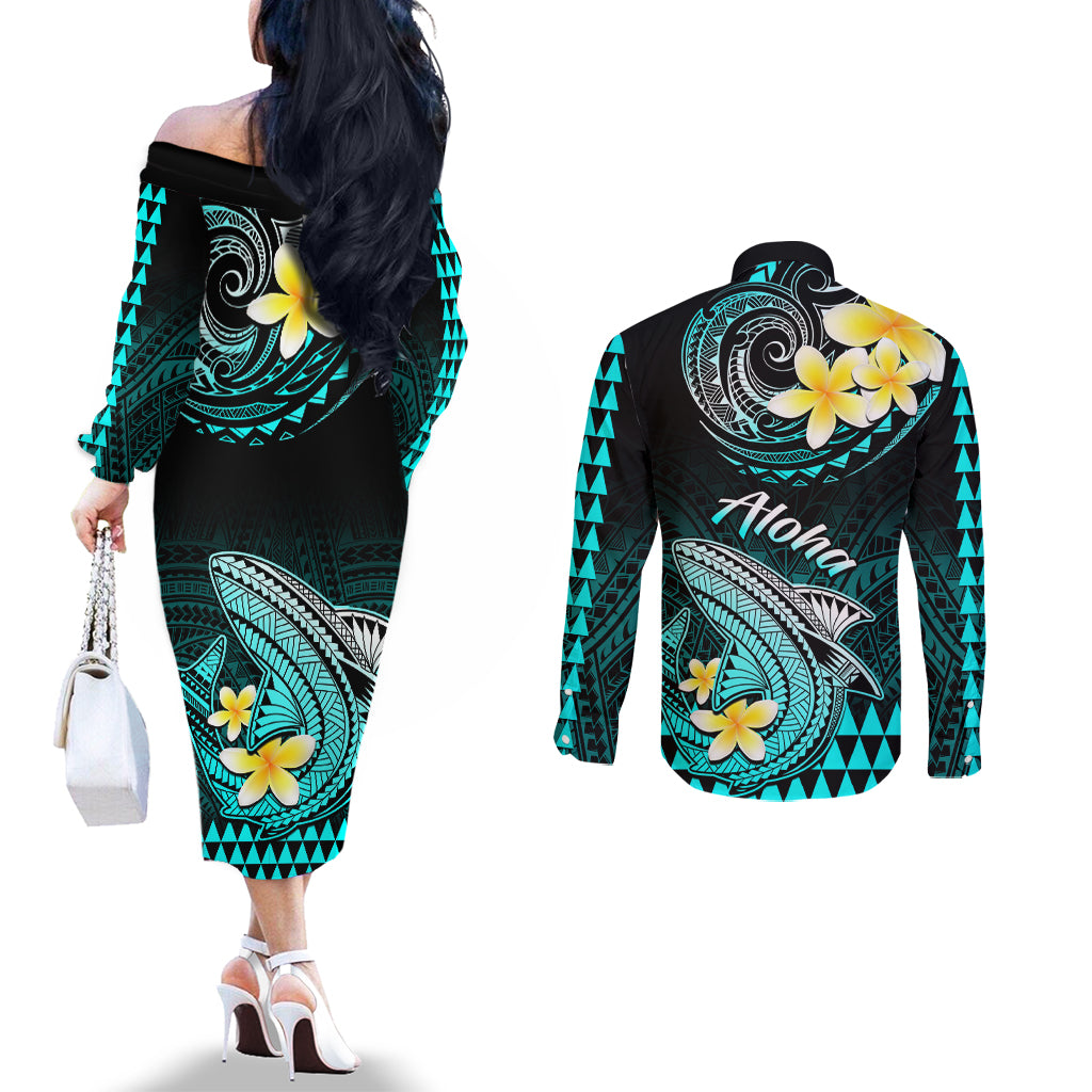 Hawaii Couples Matching Off The Shoulder Long Sleeve Dress and Long Sleeve Button Shirts Polynesian Shark with Kakau Turquoise Version LT01 - Polynesian Pride