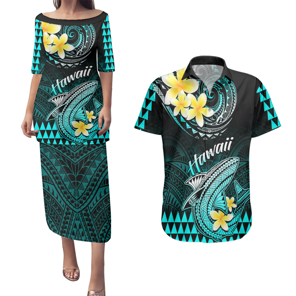 Hawaii Couples Matching Puletasi Dress and Hawaiian Shirt Polynesian Shark with Kakau Turquoise Version LT01 Turquoise - Polynesian Pride