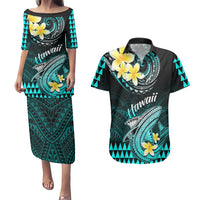 Hawaii Couples Matching Puletasi Dress and Hawaiian Shirt Polynesian Shark with Kakau Turquoise Version LT01 Turquoise - Polynesian Pride