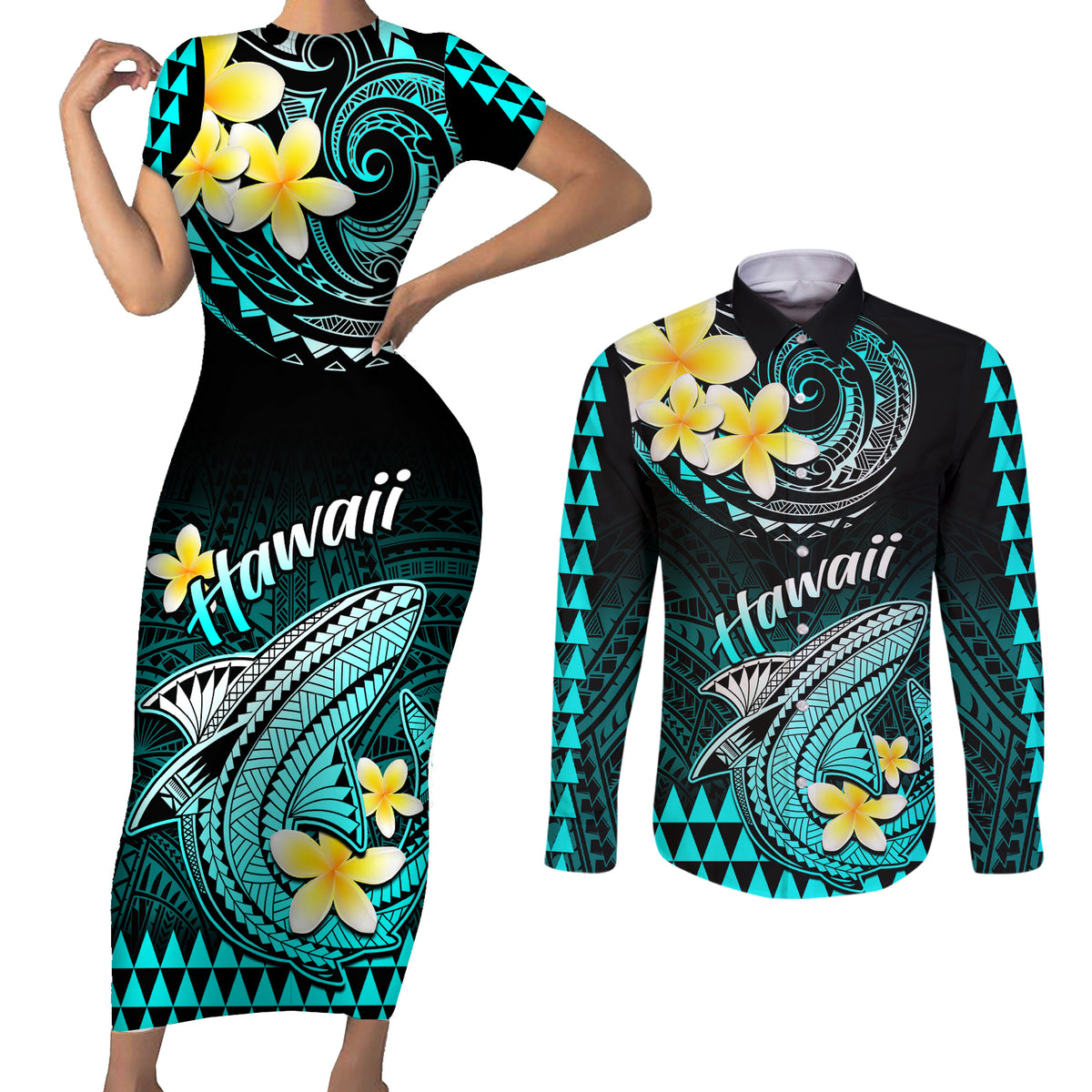 Hawaii Couples Matching Short Sleeve Bodycon Dress and Long Sleeve Button Shirts Polynesian Shark with Kakau Turquoise Version LT01 Turquoise - Polynesian Pride