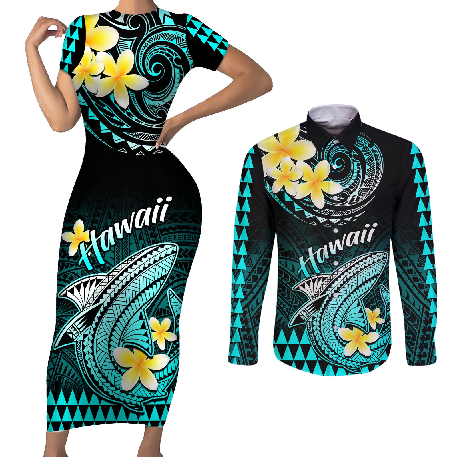 Hawaii Couples Matching Short Sleeve Bodycon Dress and Long Sleeve Button Shirts Polynesian Shark with Kakau Turquoise Version LT01 Turquoise - Polynesian Pride