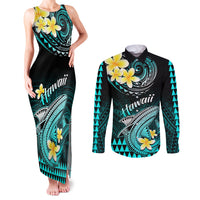 Hawaii Couples Matching Tank Maxi Dress and Long Sleeve Button Shirts Polynesian Shark with Kakau Turquoise Version LT01 Turquoise - Polynesian Pride