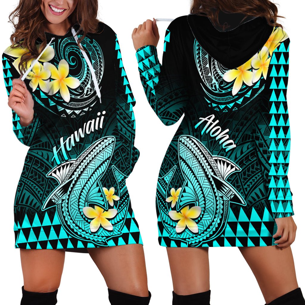 Hawaii Hoodie Dress Polynesian Shark with Kakau Turquoise Version LT01 - Polynesian Pride