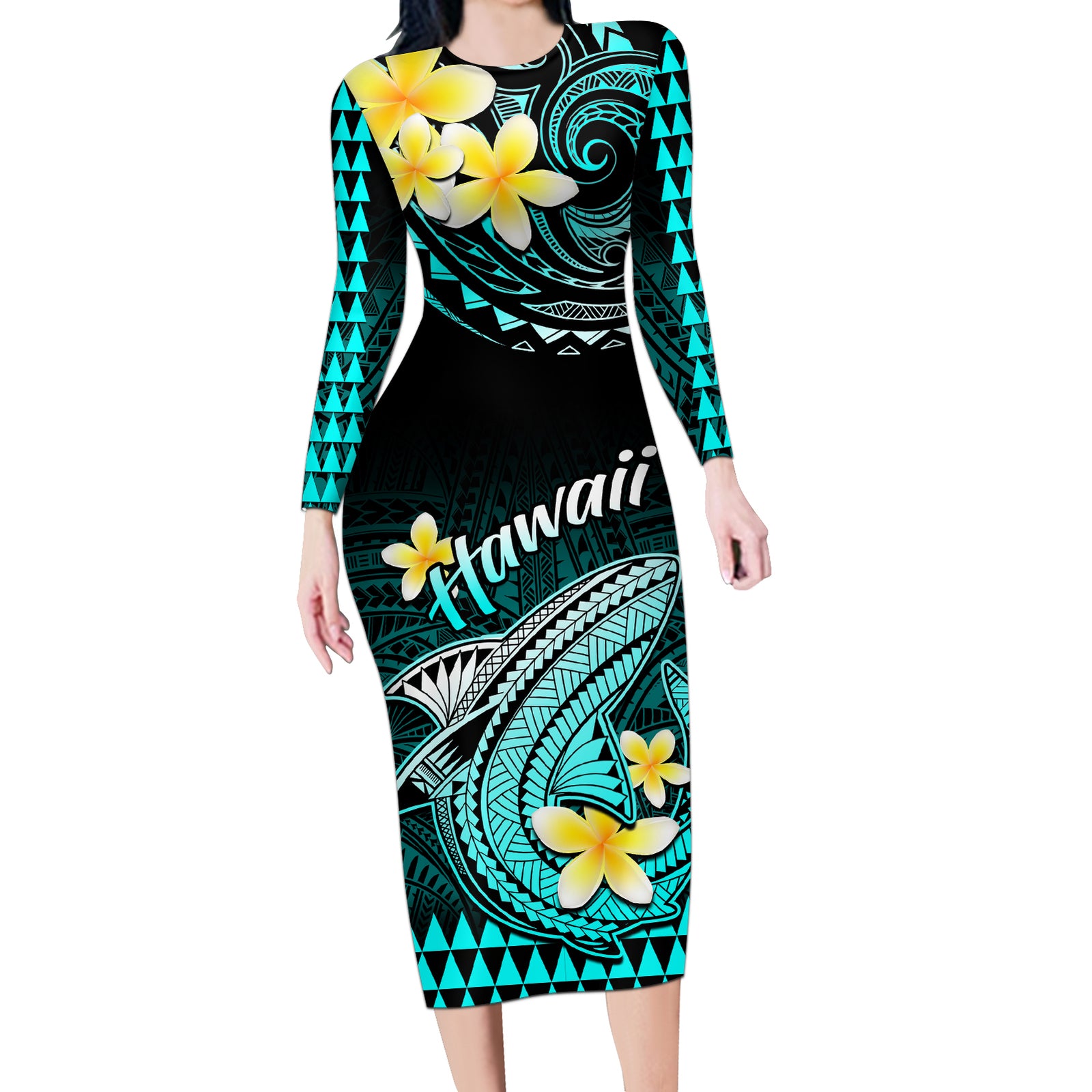 Hawaii Long Sleeve Bodycon Dress Polynesian Shark with Kakau Turquoise Version LT01 Long Dress Turquoise - Polynesian Pride