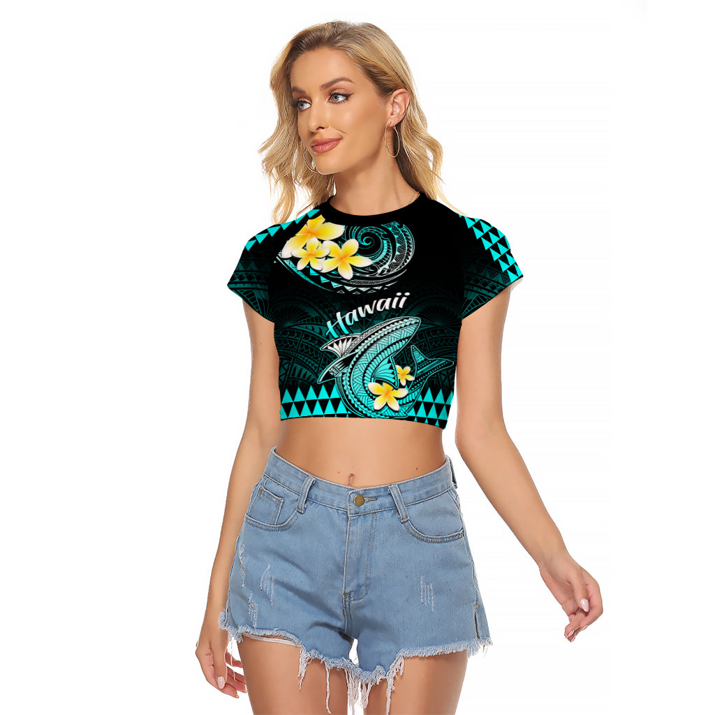 Hawaii Raglan Cropped T Shirt Polynesian Shark with Kakau Turquoise Version LT01 Female Turquoise - Polynesian Pride