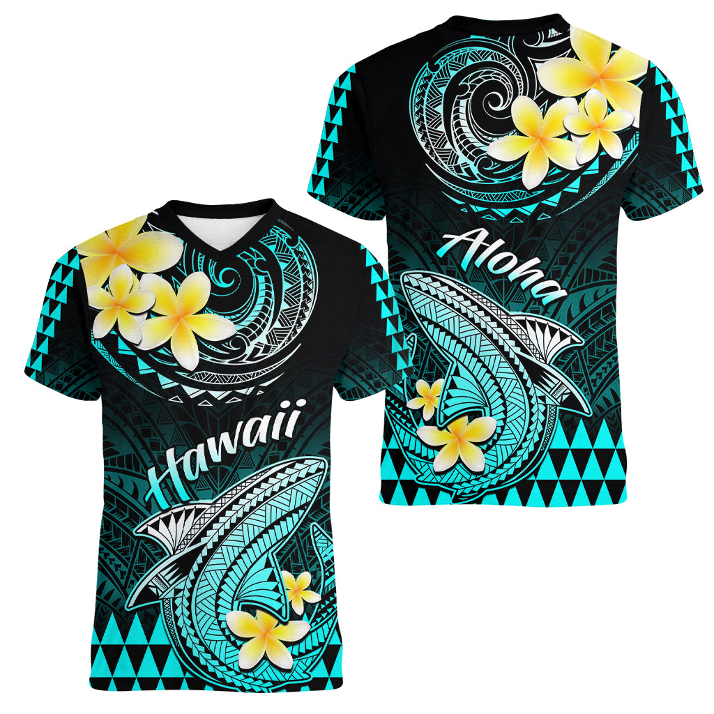 Hawaii Women V Neck T Shirt Polynesian Shark with Kakau Turquoise Version LT01 - Polynesian Pride