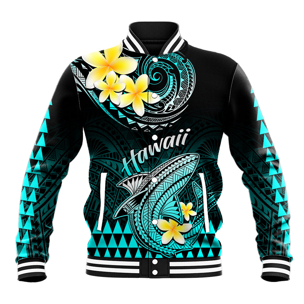Personalised Hawaii Baseball Jacket Polynesian Shark with Kakau Turquoise Version LT01 Unisex Turquoise - Polynesian Pride