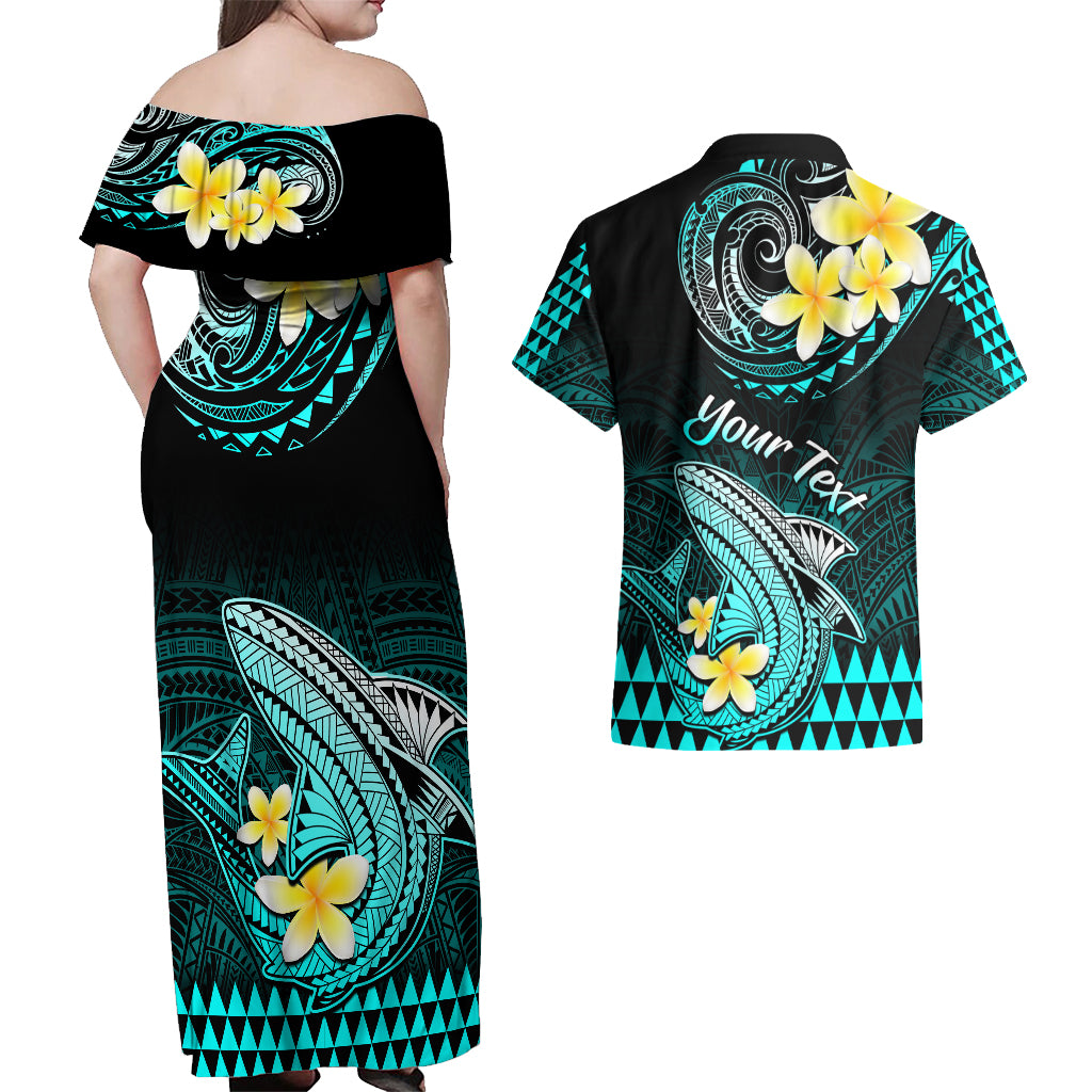 Personalised Hawaii Couples Matching Off Shoulder Maxi Dress and Hawaiian Shirt Polynesian Shark with Kakau Turquoise Version LT01 - Polynesian Pride
