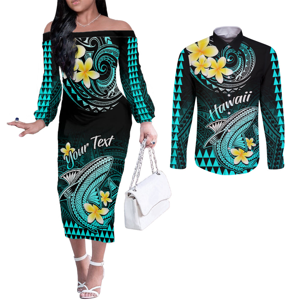 Personalised Hawaii Couples Matching Off The Shoulder Long Sleeve Dress and Long Sleeve Button Shirts Polynesian Shark with Kakau Turquoise Version LT01 Turquoise - Polynesian Pride