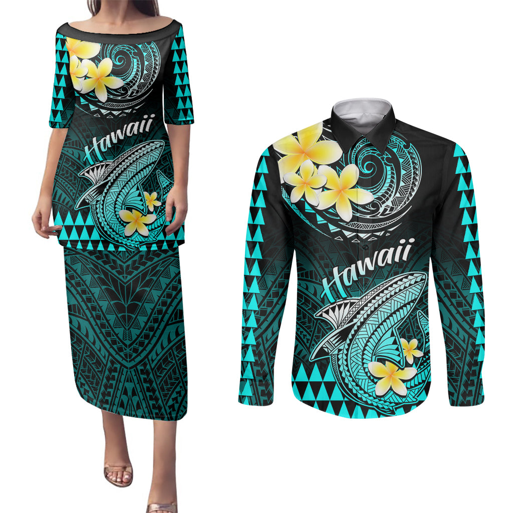 Personalised Hawaii Couples Matching Puletasi Dress and Long Sleeve Button Shirts Polynesian Shark with Kakau Turquoise Version LT01 Turquoise - Polynesian Pride