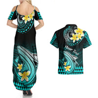 Personalised Hawaii Couples Matching Summer Maxi Dress and Hawaiian Shirt Polynesian Shark with Kakau Turquoise Version LT01 - Polynesian Pride
