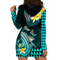 Personalised Hawaii Hoodie Dress Polynesian Shark with Kakau Turquoise Version LT01 - Polynesian Pride