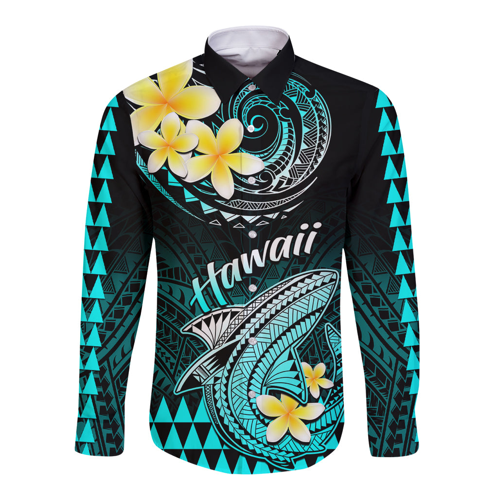 Personalised Hawaii Long Sleeve Button Shirt Polynesian Shark with Kakau Turquoise Version LT01 Unisex Turquoise - Polynesian Pride