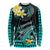 Personalised Hawaii Long Sleeve Shirt Polynesian Shark with Kakau Turquoise Version LT01